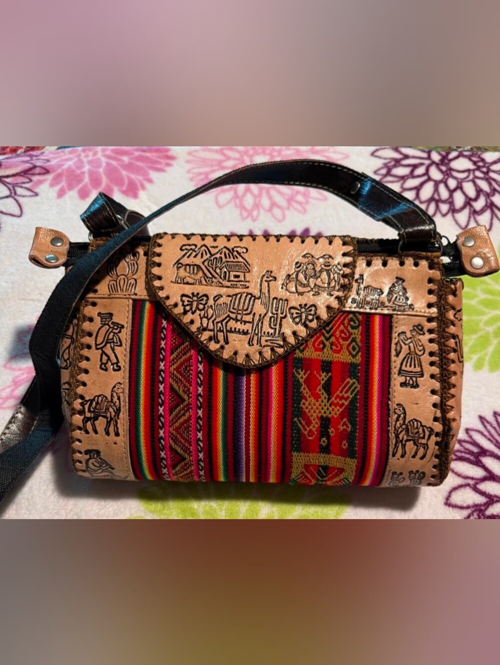 Artisanal Peruvian Multicolor Woven Hand Tooled Shoulder Bag
